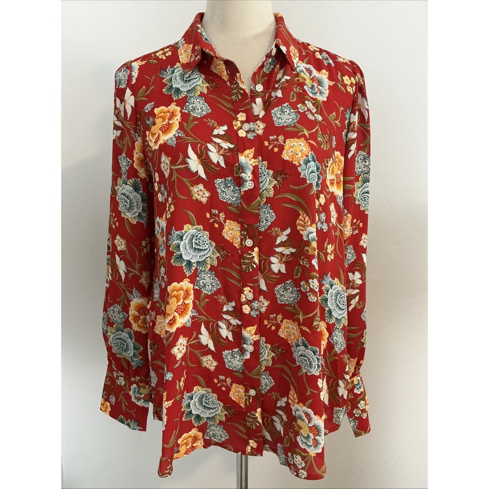Loft Womens Red Floral Multi Cottagecore Blouse Top Sz Small
